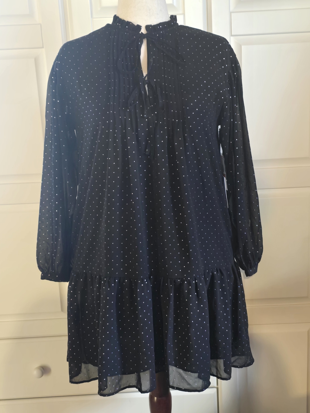 1.STATE Black Dress with White Polka Dots and Tie Front